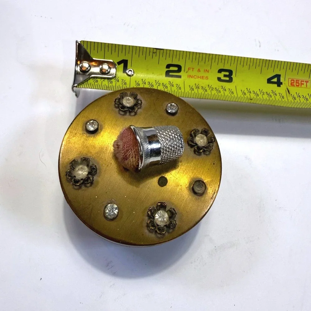 Vintage Brass Sewing Trinket Box Thimble Pincushion Rhinestone Footed 3 Inch